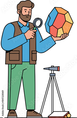 Man with magnifying glass examines a geometric crystal object