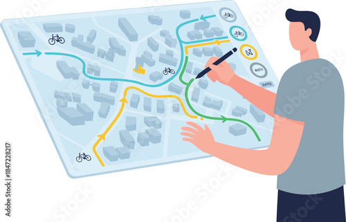 Man planning a bicycle route on a digital map with stylus