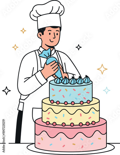 Chef decorating a multi-tiered cake with piping bag