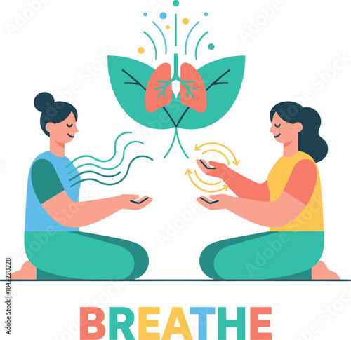 Two women practicing mindful breathing with lungs illustration