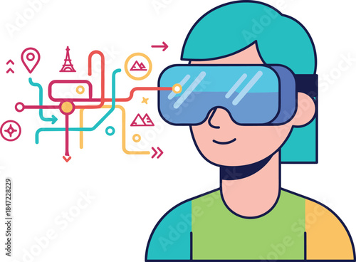 Person wearing VR headset exploring virtual travel destinations