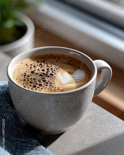 A beautifully crafted coffee with heart-shaped latte art sits in a speckled white mug, inviting morning warmth and comfort in a cozy indoor setting.