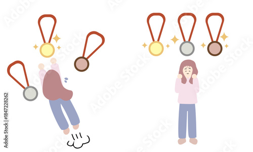 結果にこだわる女性と結果を楽しみにする女性のイラスト