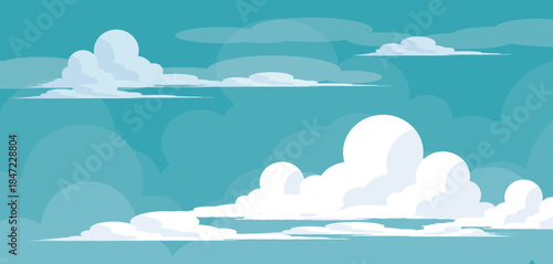 Illustration of a blue sky with white clouds in a flat style. Blue sky background and white clouds. Cartoon sky	
