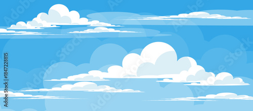 Illustration of a blue sky with white clouds in a flat style. Blue sky background and white clouds. Cartoon sky	