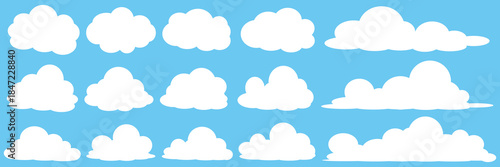 set of vector illustrations of clumpy clouds, cloud bubbles in flat style on a blue background