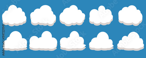 set of vector illustrations of clumpy clouds, cloud bubbles in flat style on a blue background