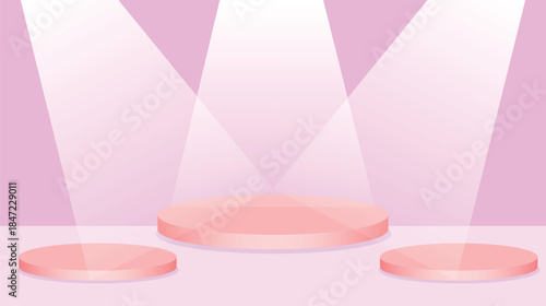 Pastel Pink 3D Podium Stage with Three Platforms and Spotlights for Product Display
