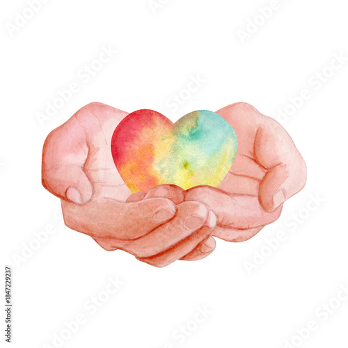 Hands gently holding colorful heart. Watercolor illustration isolated on white. Ideal for love-themed designs, charity material, healthcare branding, emotional visual storytelling, adoption agencies