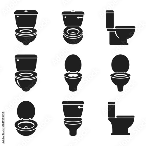 Toilet and Bathroom Fixture Icon Set Showing Sanitary Equipment and Restroom Symbols
