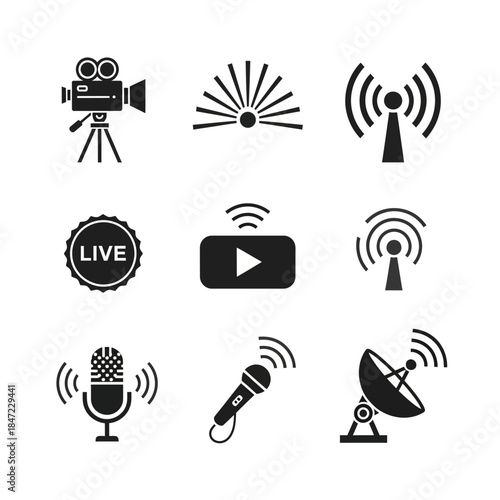Video Production and Streaming Equipment Icon Set Including Camera, Signal, and Media Controls