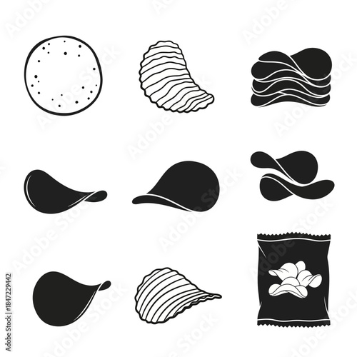 Potato Chips Snack Icon Set Featuring Crispy Shapes and Packaged Snack Elements