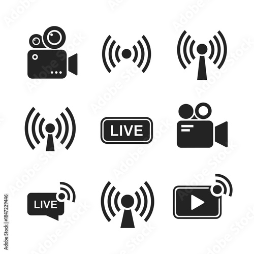 Live Streaming and Broadcast Icon Set Featuring Video, Signal, and Media Transmission Symbols