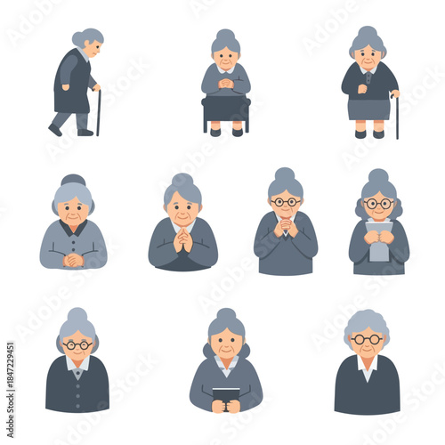 Elderly People Icon Set Showing Daily Activities, Emotions, and Poses for Healthcare and Social Design