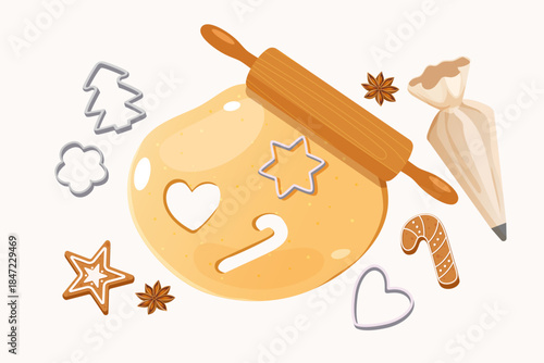 Vector flat composition with large round gingerbread dough, cookie cutters in various shapes, wooden rolling pin, star anise, piping bag and prepared gingerbread cookies, Christmas baking