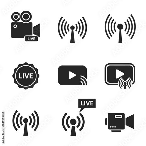 Live Streaming and Broadcast Icon Set Featuring Video and Signal Symbols