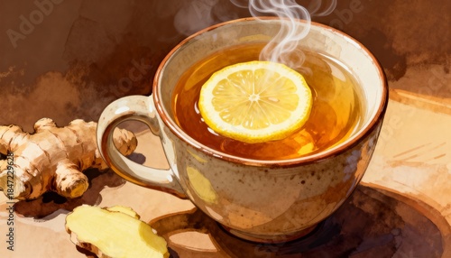 Close-Up Watercolor Illustration of Ginger Tea Cup with Lemon Slice and Fresh Ginger Root – Natural Herbal Drink for Wellness, Immunity, Healthy Lifestyle, Tea Packaging and Organic Branding.