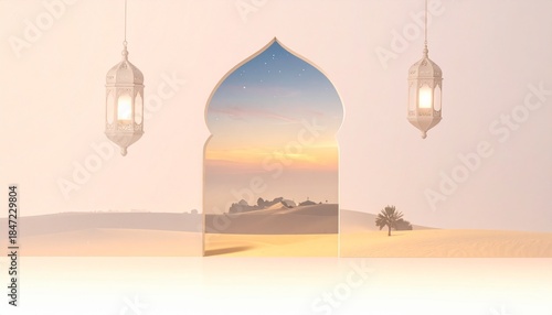 Desert Sunset Scene Framed by Traditional Archway with Lanterns and Distant Structures