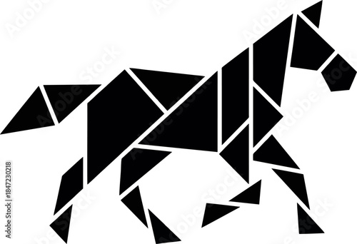 Running Horse Tangram Silhouette. Geometric Black Triangle Puzzle Vector Animal for Tech or Kids 2026 Design