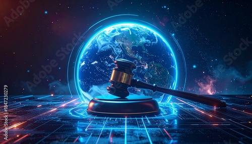 Digital Rendering of Earth and Gavel in a Futuristic Setting with Glowing Elements