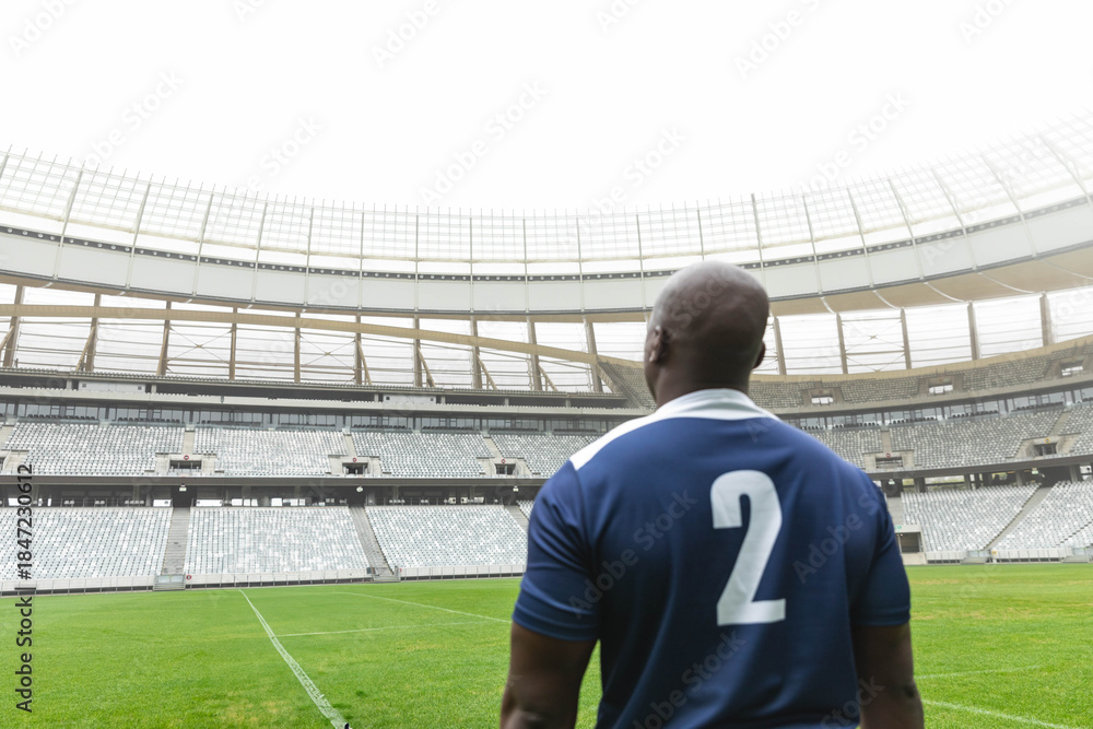 Fototapeta premium Soccer player standing on green grass pitch inside modern stadium, wearing blue jersey 2