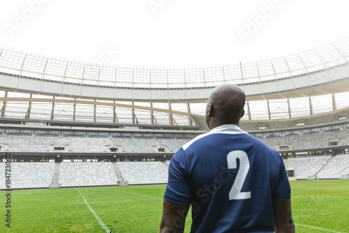 Soccer player standing on green grass pitch inside modern stadium, wearing blue jersey 2
