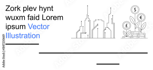 Urban development, financial growth, technology, innovation, economy, sustainability. A city skyline with digital elements and a plant growing coins. Urban development and financial growth