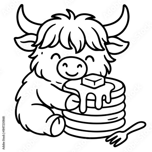 Happy Pancake Yak: A cheerful yak cuddles a stack of fluffy pancakes topped with melting butter, embodying the simple joy of breakfast. 