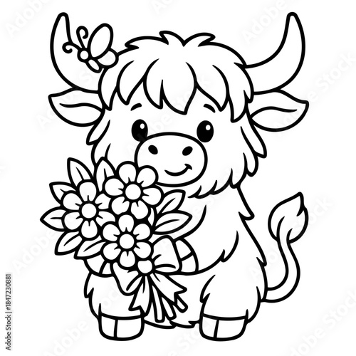 Highland Calf's Floral Gift: A charming highland calf adorned with a butterfly on its head, tenderly holds a bouquet of delicate flowers, radiating pure innocence and sweetness.