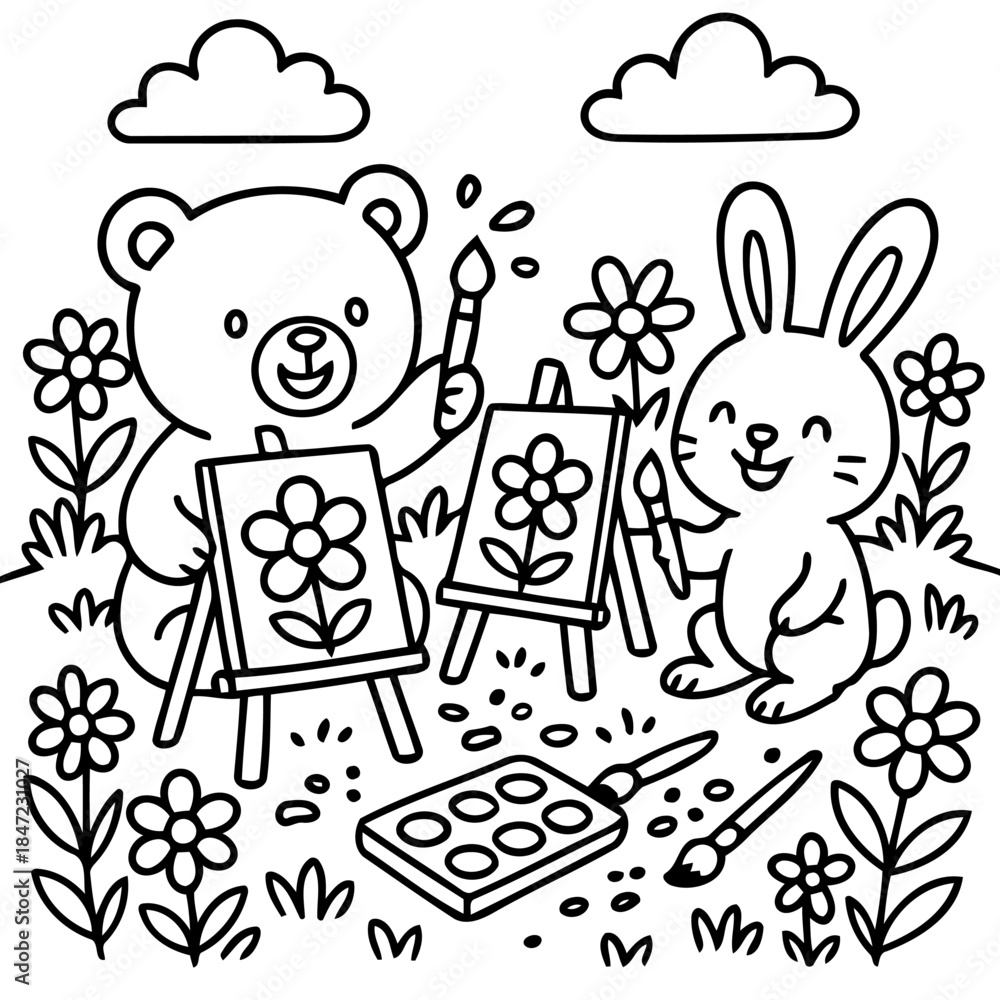 Fototapeta premium Artistic Companions: A charming illustration depicts a bear and a rabbit joyfully engaged in a painting session, surrounded by cheerful floral elements and fluffy clouds.
