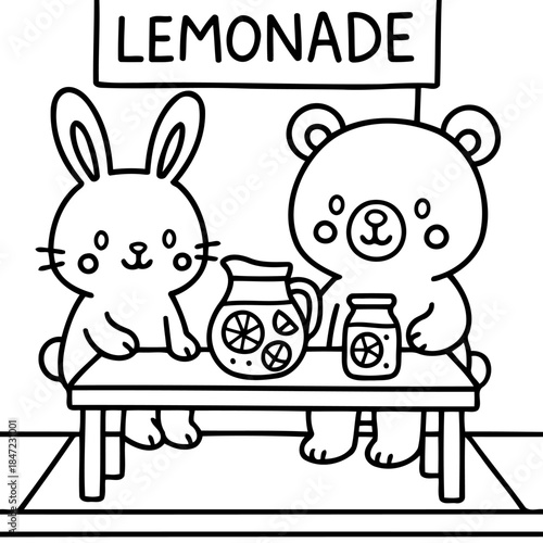 Lemonade Stand buddies: An adorable illustration captures a heartwarming scene, featuring a playful bunny and a cuddly bear running a lemonade stand together.