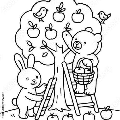 Harvest buddies: A heartwarming illustration of a bear and bunny joyfully harvesting ripe apples from a bountiful tree, creating a scene of friendship and nature's goodness.