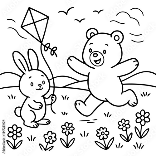 Childhood Dreams Soar: A charming illustration captures the playful innocence of a bear and rabbit reveling in a kite-flying adventure, celebrating childhood fun.
