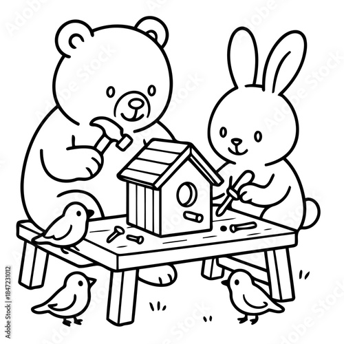Building for Bird's: The heartwarming scene unfolds with a charming bear and rabbit collaboratively constructing a cozy birdhouse, while birds eagerly observe their craftsmanship.