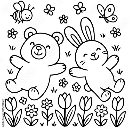 Friendship in Bloom: A heartwarming scene unfolds as a delightful bear and bunny frolic in a vibrant garden, encircled by blooming flowers, butterflies, and a buzzing bee.