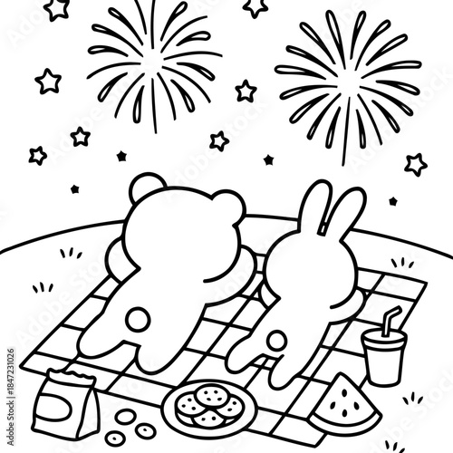 Picnic Celebration: A heartwarming cartoon scene where two cuddly characters, a bear and a bunny, revel in the spectacle of fireworks during a picnic.