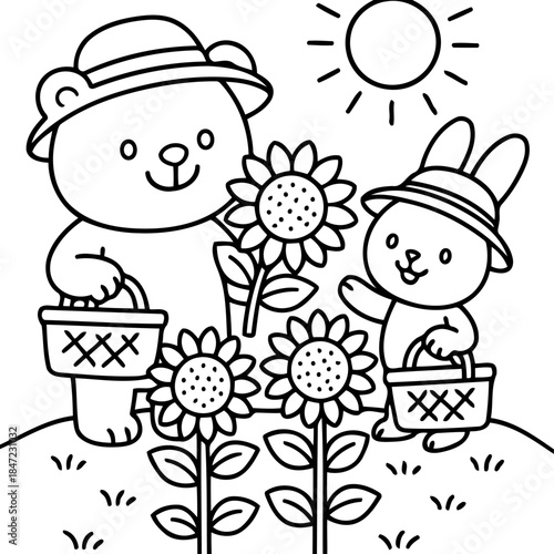 Gardening Duo: A playful illustration of a bear and a bunny tending to their sunflowers on a sunny day. Capturing the joy of collaboration in nature.