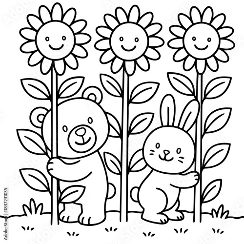 Garden Friends: A joyful bear and bunny frolic among cheerful sunflowers. A vibrant cartoon filled with happiness and friendship.