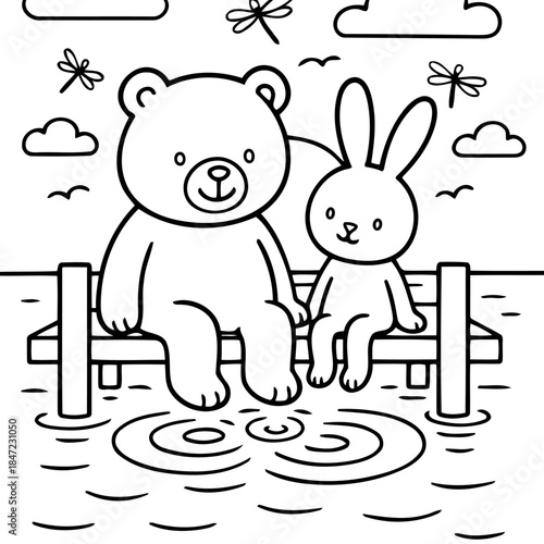 Joyful Friendship: An endearing bear and a cheerful rabbit share a moment of connection. Sitting close on a bench with gentle waves.