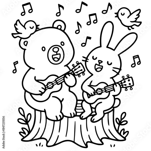 Harmony in the Forest: A whimsical illustration captures a bear and a rabbit joyfully strumming their ukuleles together on a tree stump, with birds chirping and musical notes dancing in the air.