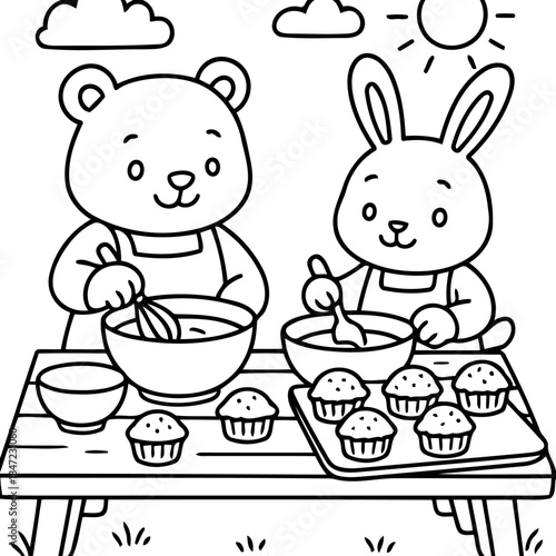 Bunny and Bear's Baking Adventure:  A delightful illustration captures a bunny and a bear, engrossed in the sweet task of baking cupcakes, evoking feelings of cozy companionship and simple joy.