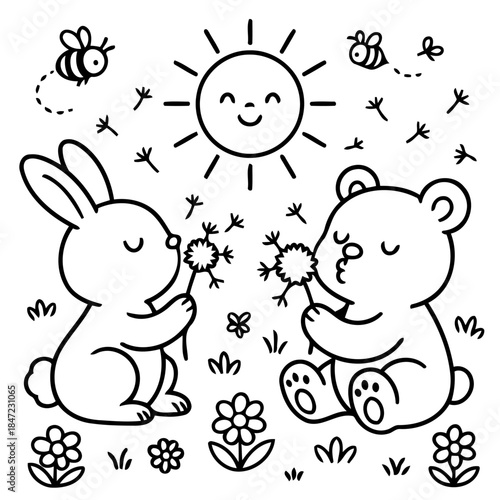 Whimsical Illustration: A cheerful bear and a playful bunny enjoy a moment of fun in a sunny meadow, blowing dandelion seeds into the air, surrounded by smiling flowers and buzzing bees. 