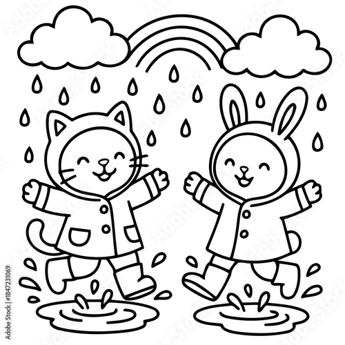 Joyful Puddle Jumpers: Two adorable cartoon characters, a cat and a rabbit, frolic gleefully in a rain shower. A vibrant rainbow arches over the scene.