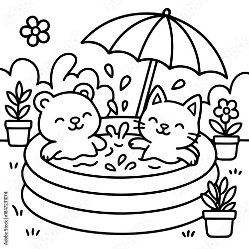 Fun in the Sun: A joyful bear and kitten enjoy a refreshing dip in a pool under an umbrella on a sunny day. Capturing the essence of summer fun and companionship.