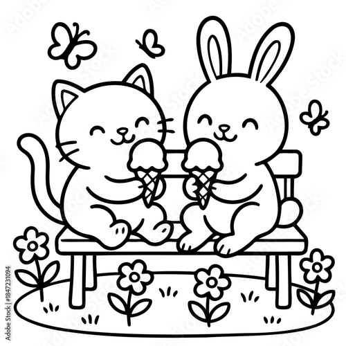Delightful Companionship: A charming cartoon depicts a cat and a rabbit sharing ice cream on a bench, surrounded by playful butterflies and flowers.