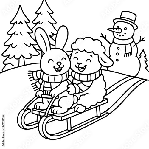 Winter Fun: A playful illustration of a bunny and sheep enjoying a winter sled ride, accompanied by a snowman, captures the essence of winter fun and friendship.