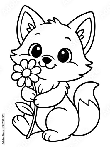 Playful Fox with a Daisy: A charming fox cub cradles a delicate daisy, its innocent eyes reflecting the purity of nature, drawn with whimsical strokes.