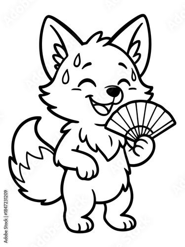 Fox with Fan in High Spirits: A cheerful fox, its brow glistening with perspiration, holds a fan with glee.