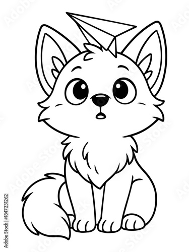 Whimsical Fox and Paper Airplane: A charming fox cub gazes upwards in wide-eyed wonder, a playful paper airplane perched atop its head, capturing the innocence of youth and imagination.
