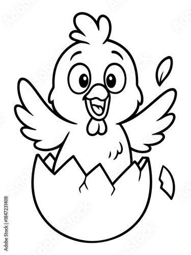 Cheerful chick hatching: a charming black and white illustration of a chick cracking its eggshell with glee, representing new life and growth.